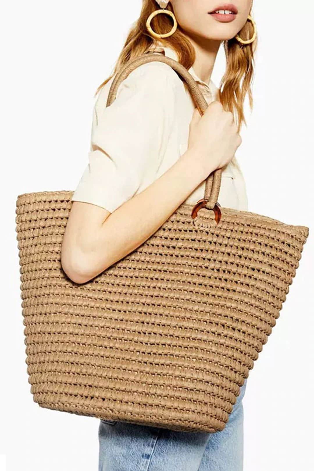 Boho Bag, Woven Straw Rope Tote Bag, Brown and Beige Patrin