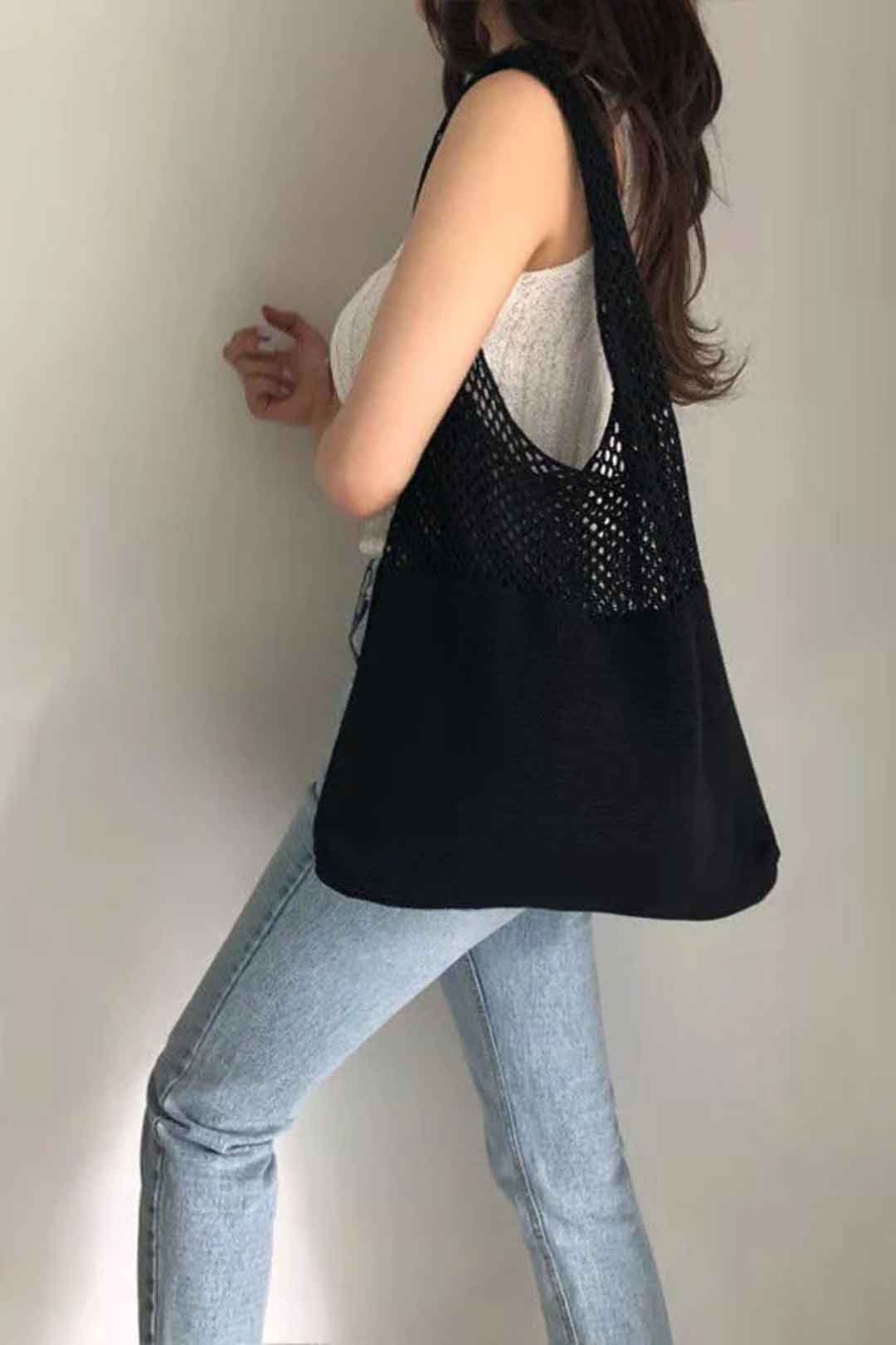 Boho Bag, Tote Bags, Crochet Tote, Knitted Shopper Handbags in Black, Beige, Brown and 10 colors
