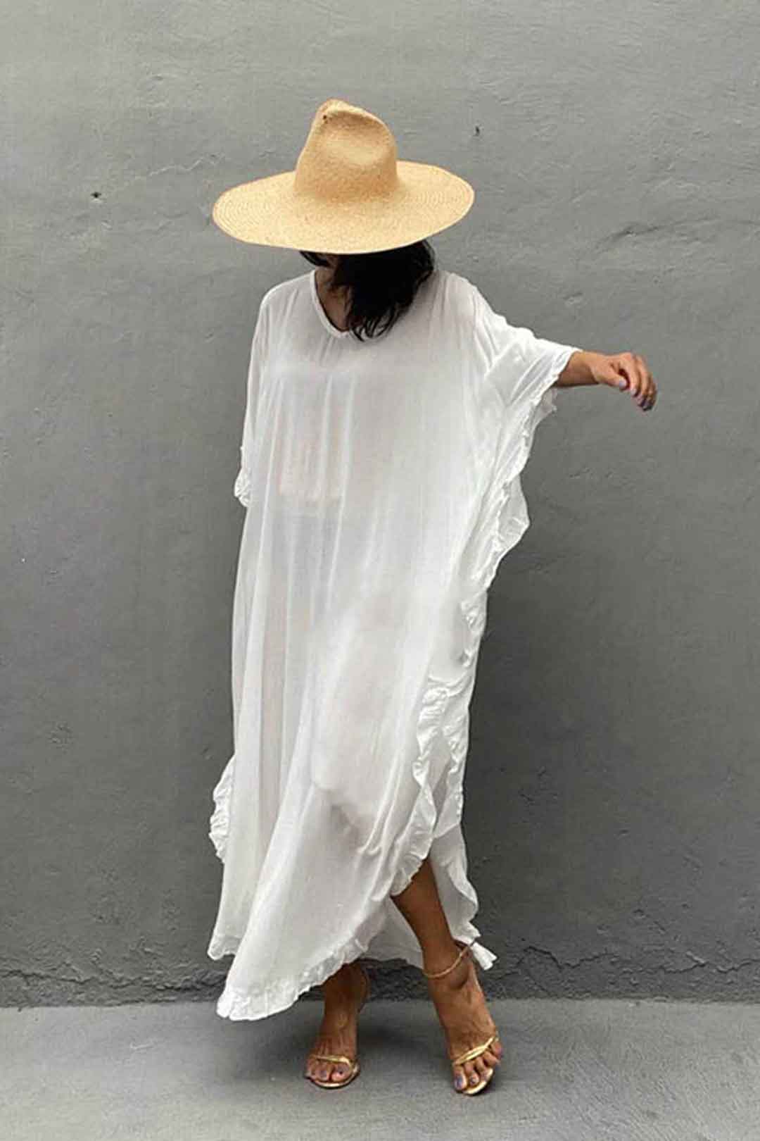 Boho Maxi Dress, Beach Dress,Kaftan Ruffle Dress, Wren White