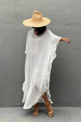Boho Maxi Dress, Beach Dress,Kaftan Ruffle Dress, Wren White