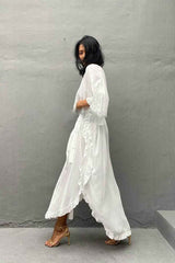 Boho Maxi Dress, Beach Dress,Kaftan Ruffle Dress, Wren White