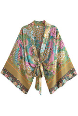 Boho Kimono Robe - Beach Cover-up in Peacock Green Gold