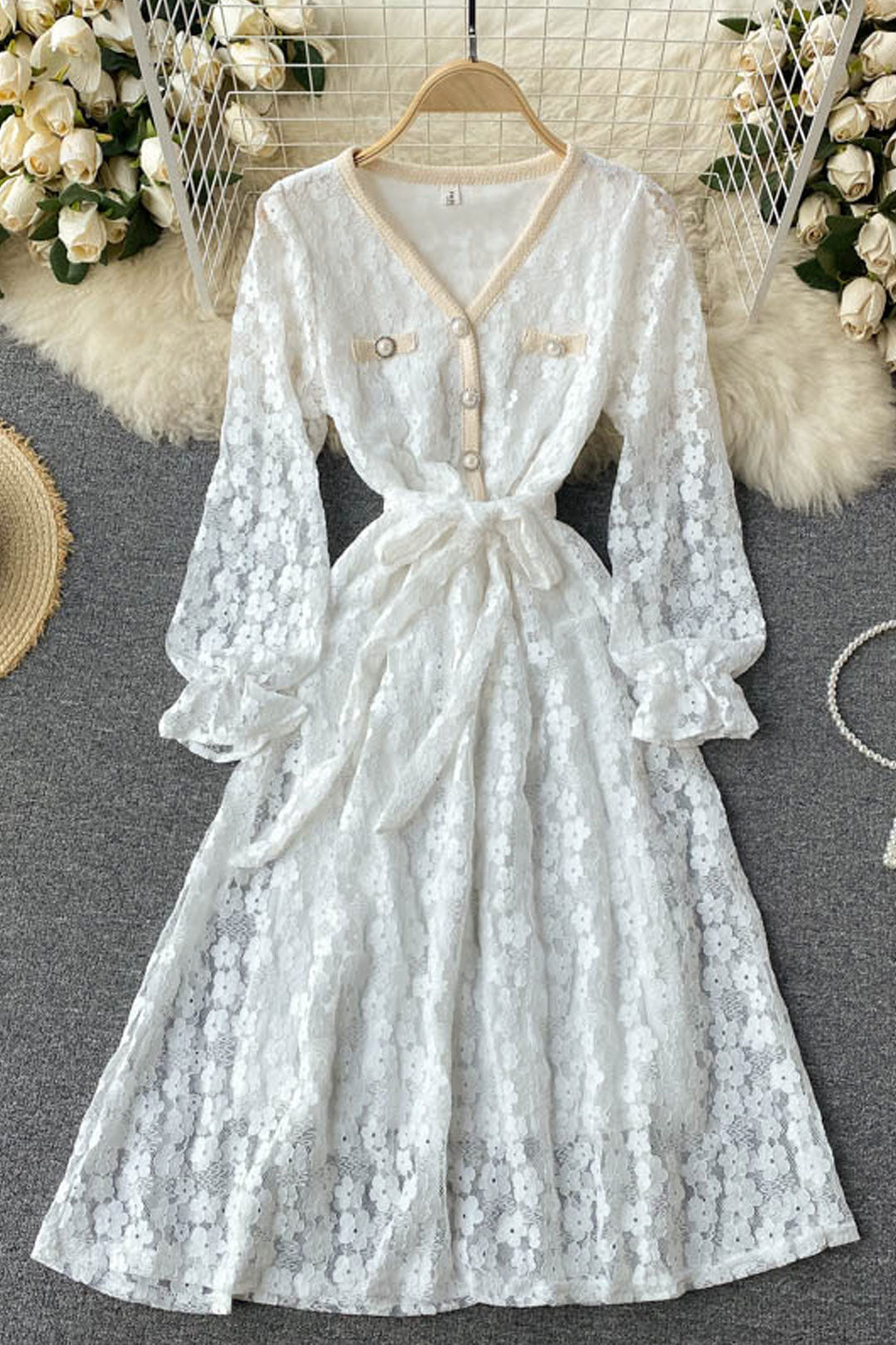 Vintage Dress, Boho Midi Dress, Party Dress, Victoria White and Ivory Lace
