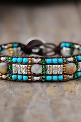 Boho Bracelet, Leather Wrap Bracelet, Blue Silver Stone