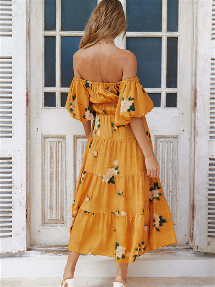 One-neck Strapless Bubble Sleeve Print Dress Short Sleeve Long Dress Brown Yellow Green S M L XL