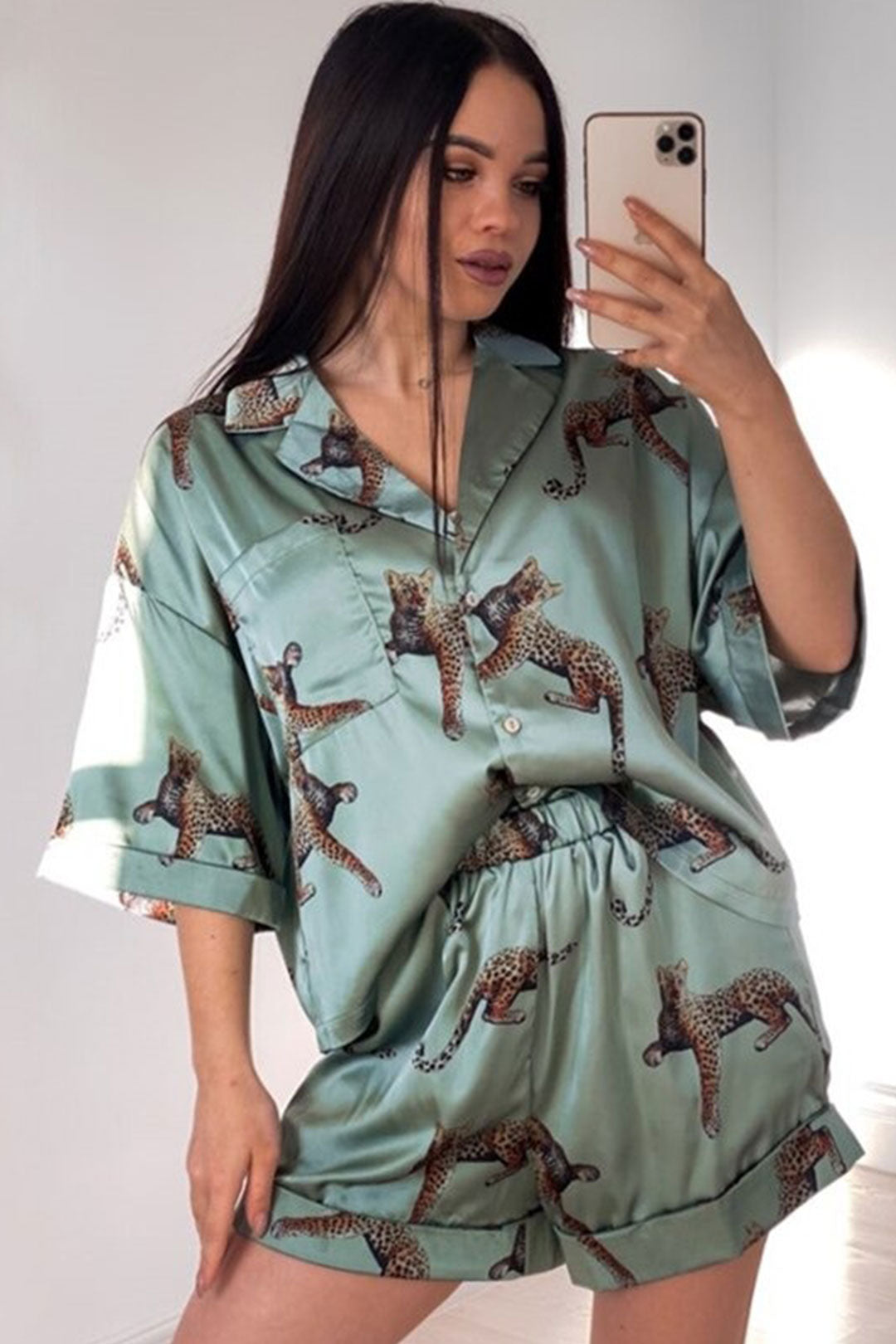 Boho Two Piece Set, Top and  Short Pant, Green Tiger