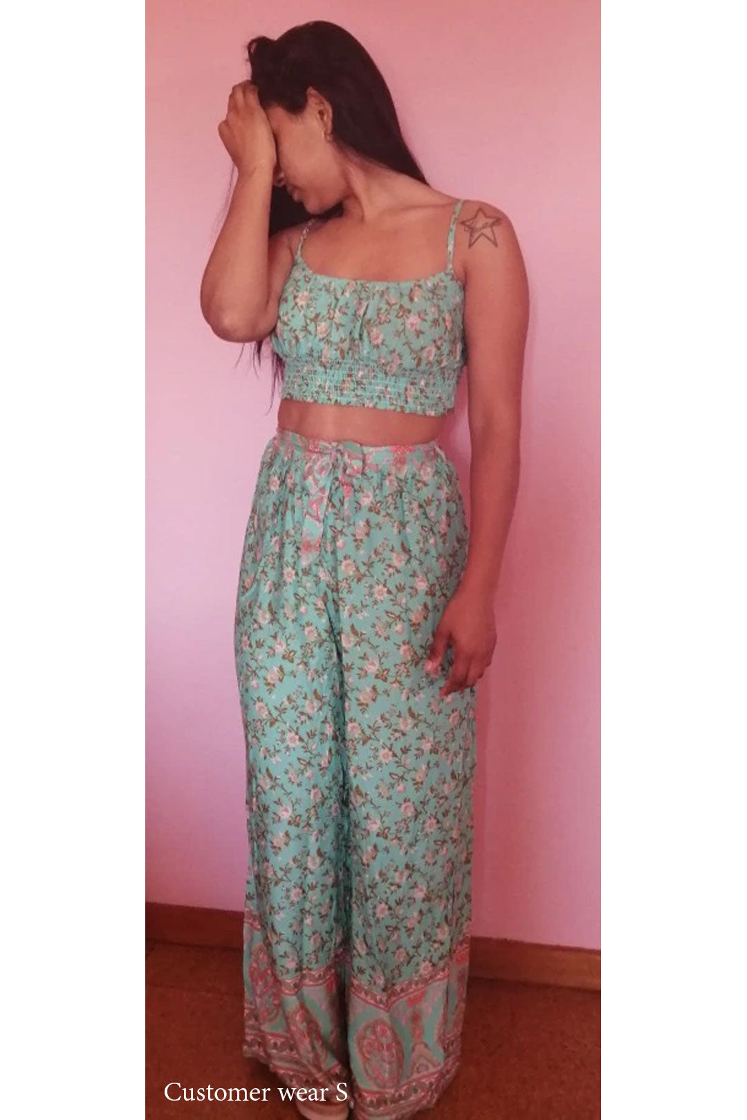 Boho Two Piece Set, Two Piece Pants Set, Wild Floral in Mint Green