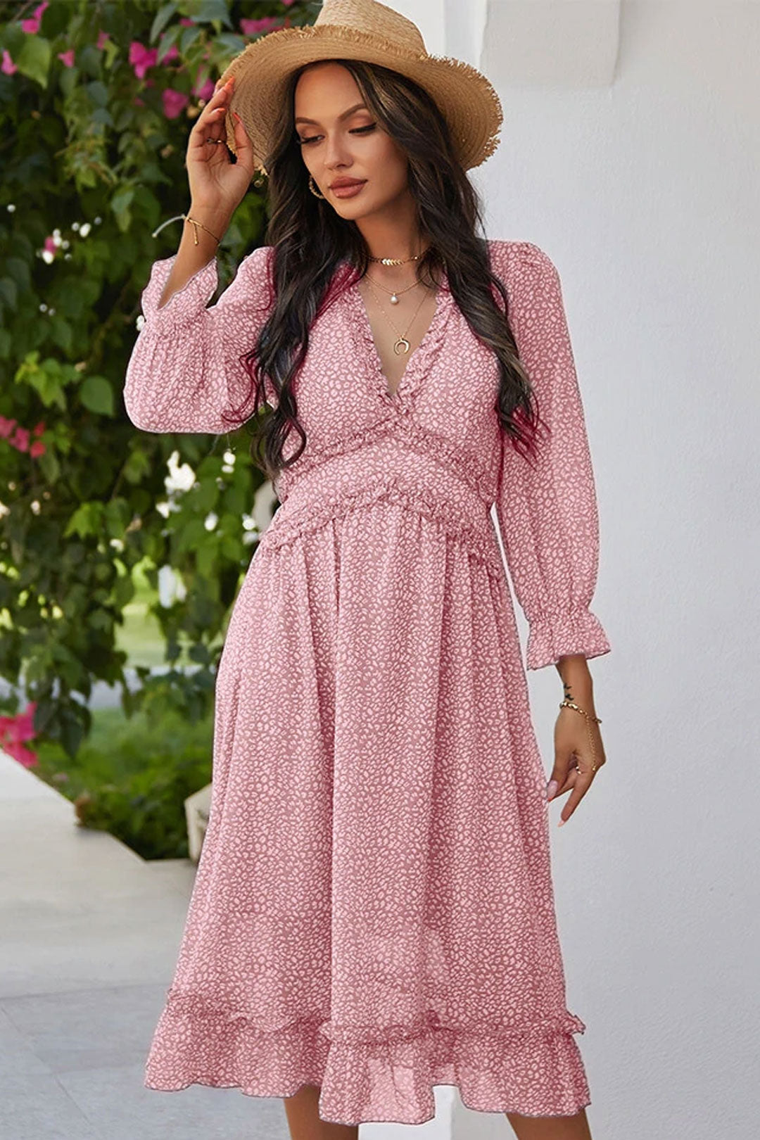Boho Midi Dress, Ruffle Lillian Sweet Pink