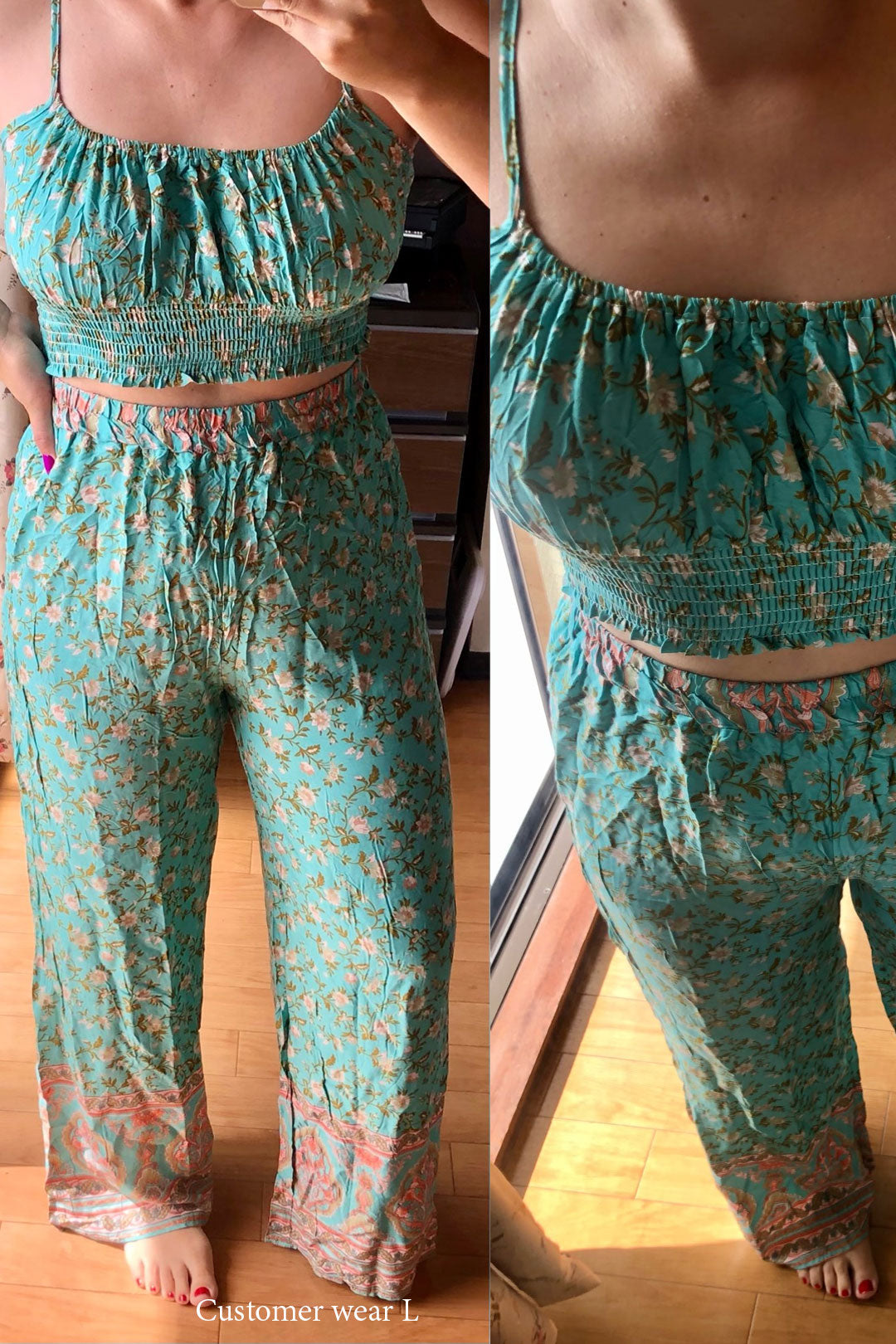 Boho Two Piece Set, Two Piece Pants Set, Wild Floral in Mint Green
