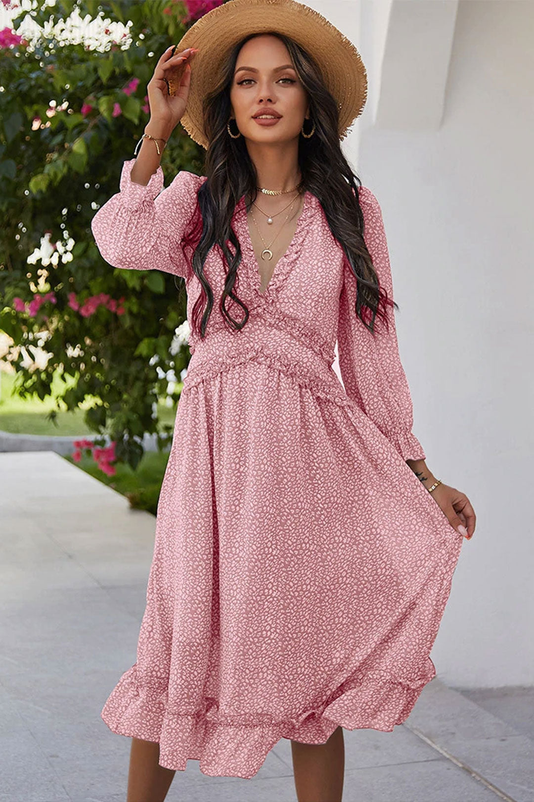 Boho Midi Dress, Ruffle Lillian Sweet Pink