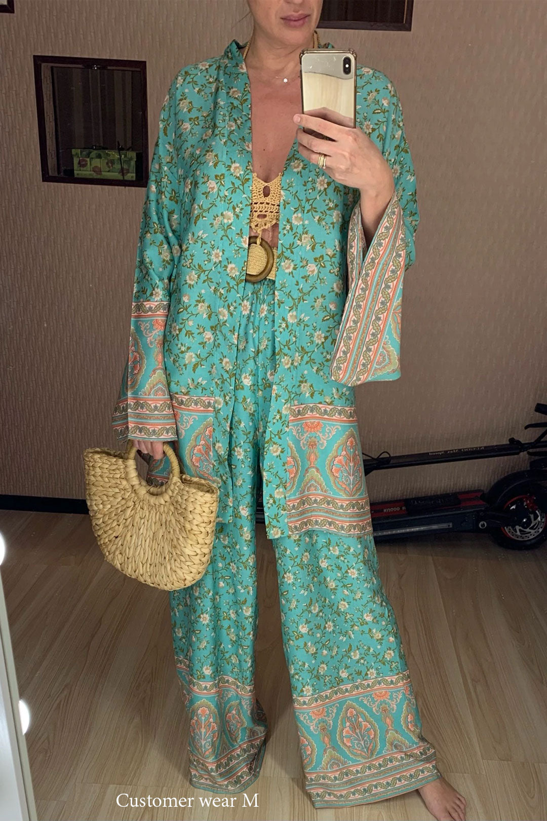 Boho Two Piece Set, Two Piece Pants Set, Wild Floral in Mint Green