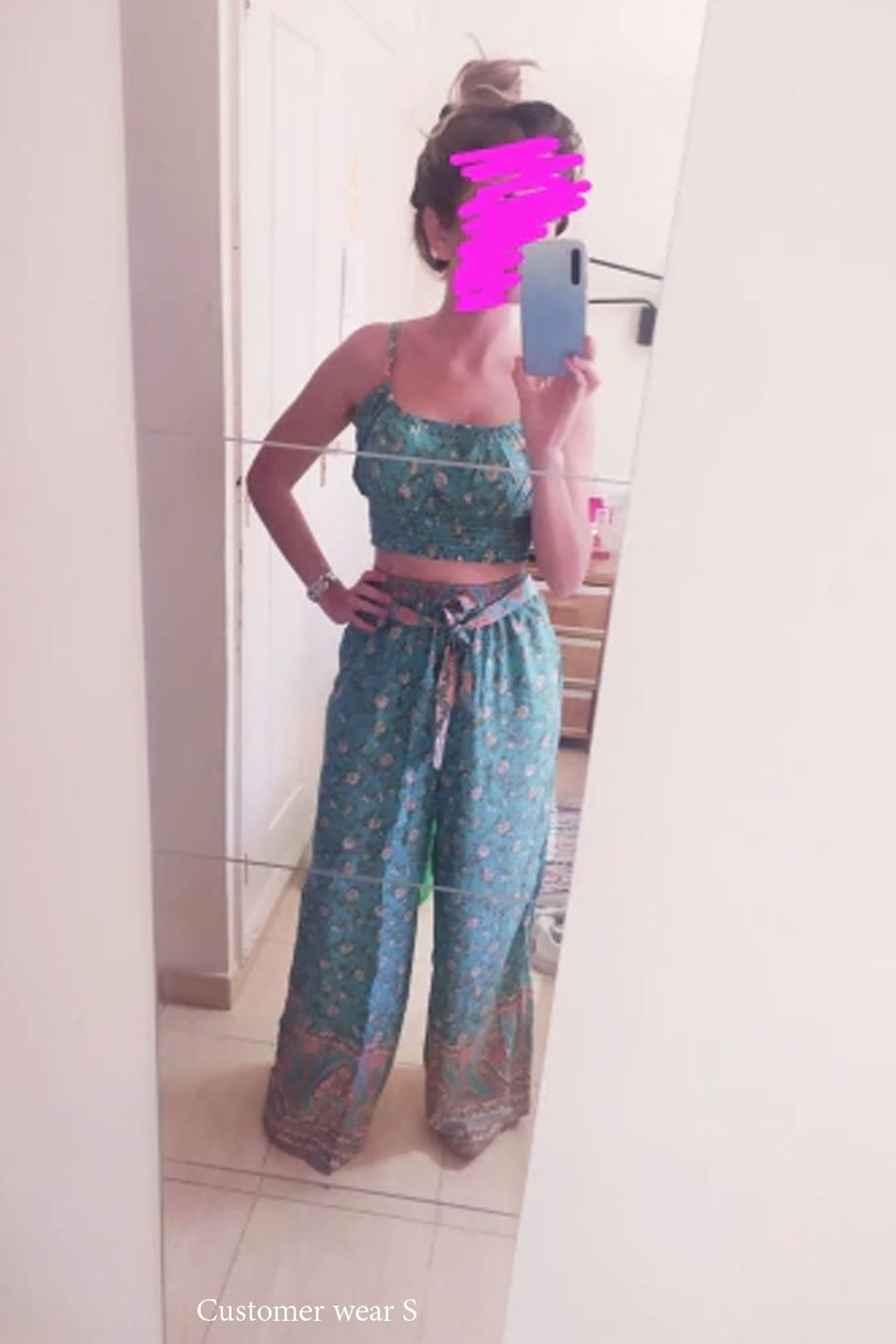 Boho Two Piece Set, Two Piece Pants Set, Wild Floral in Mint Green