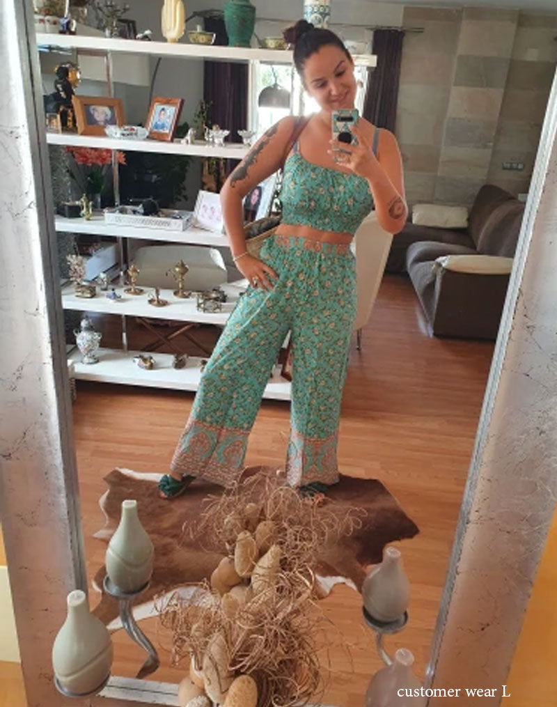 Boho Two Piece Set, Two Piece Pants Set, Wild Floral in Mint Green
