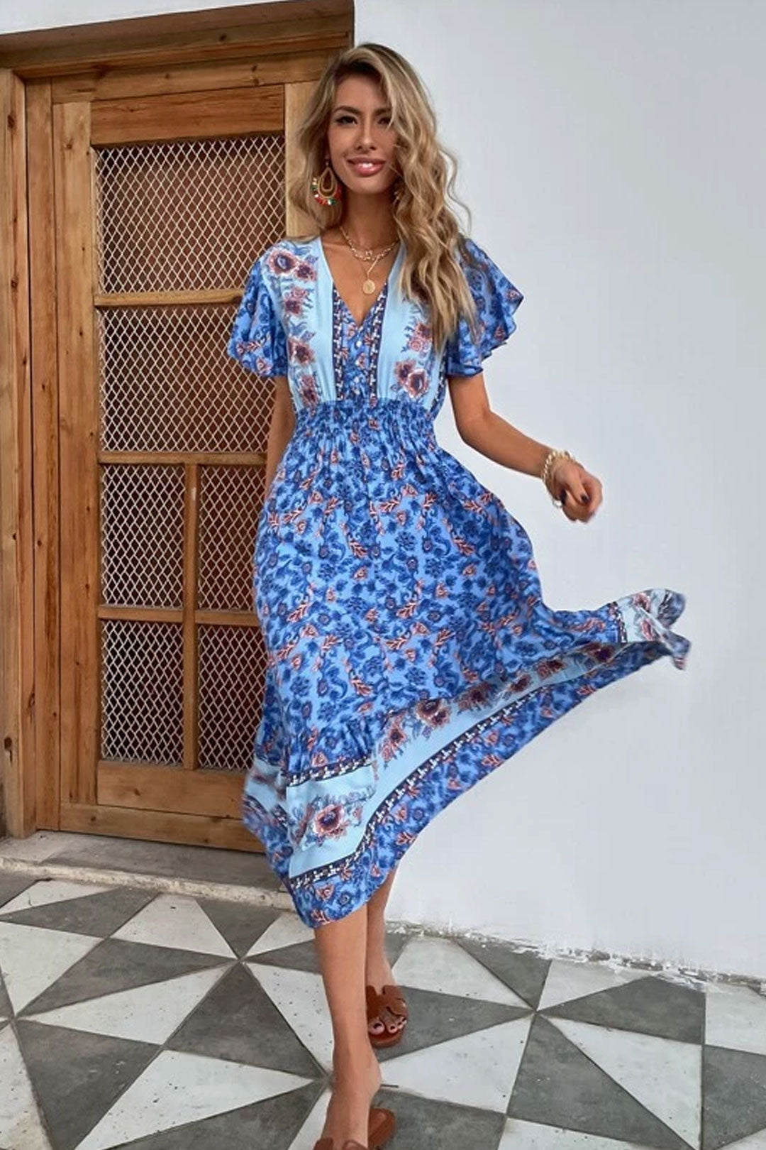 Boho Midi Dress, Sundress, Blue Sage