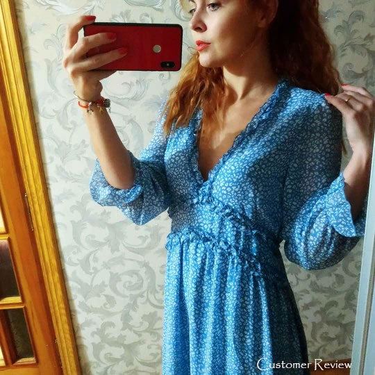 Boho Midi Dress, Ruffle Lillian Blue