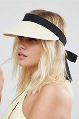 Boho Hat, Sun Hat, Beach Hat, Shade Visor Beige Straw Cap Black Ribbon