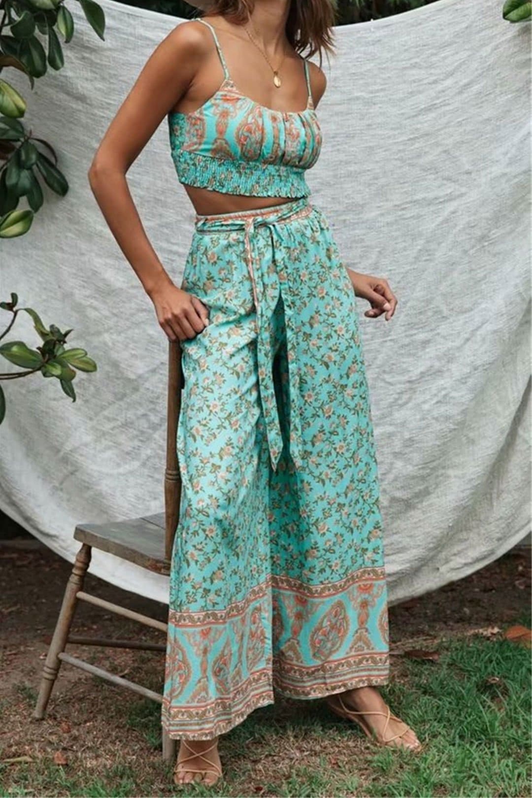 Boho Two Piece Set, Two Piece Pants Set, Wild Floral in Mint Green