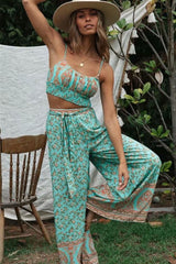 Boho Two Piece Set, Two Piece Pants Set, Wild Floral in Mint Green