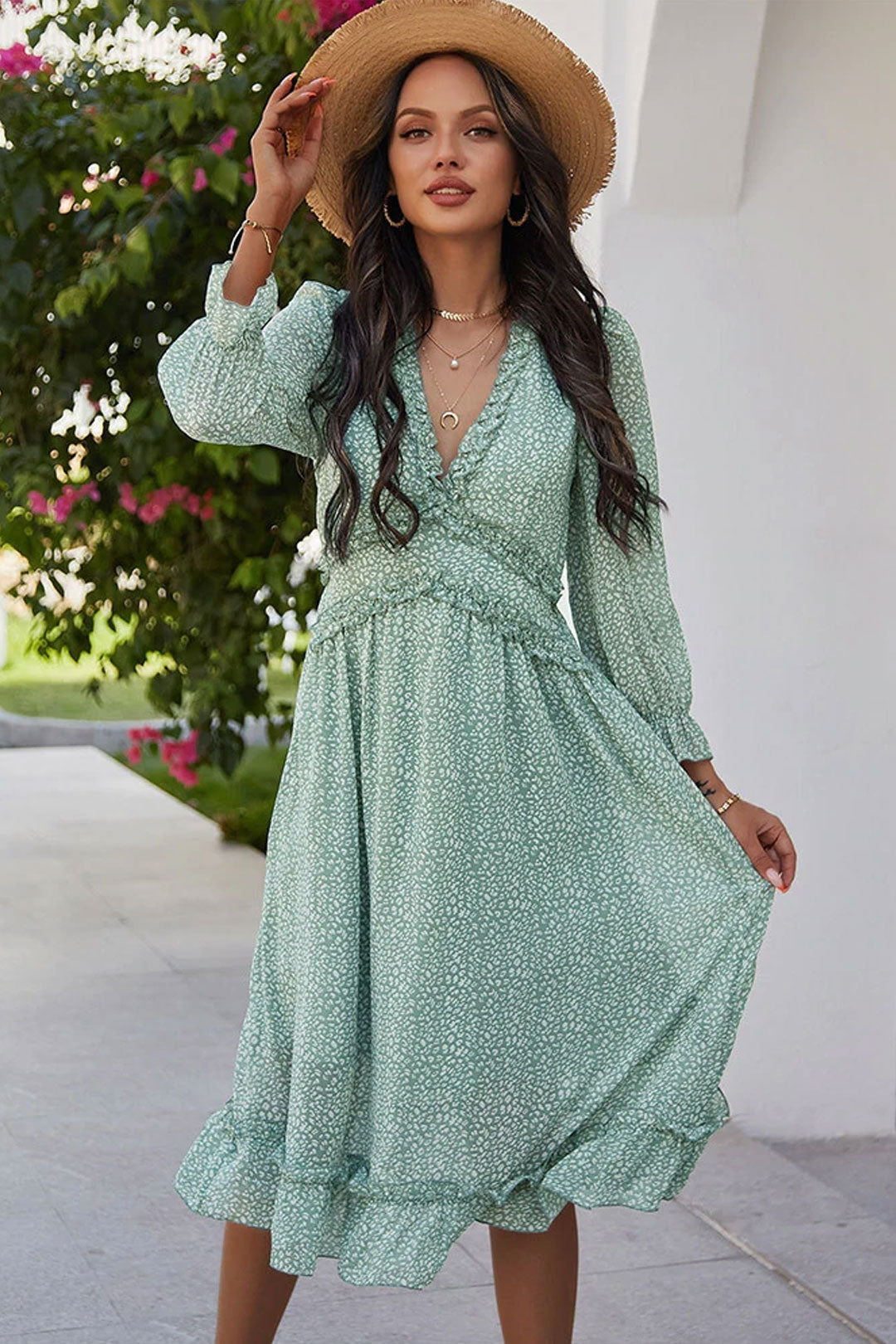 Boho Midi Dress, Ruffle Lillian Mint Green