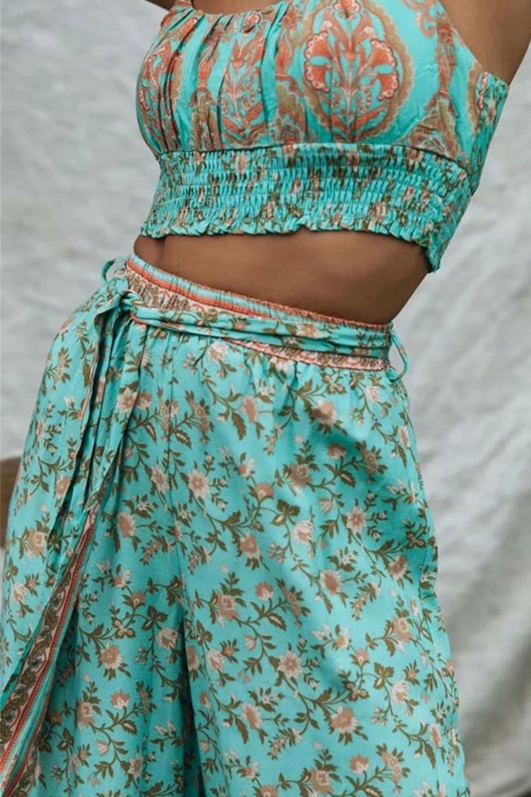 Boho Two Piece Set, Two Piece Pants Set, Wild Floral in Mint Green