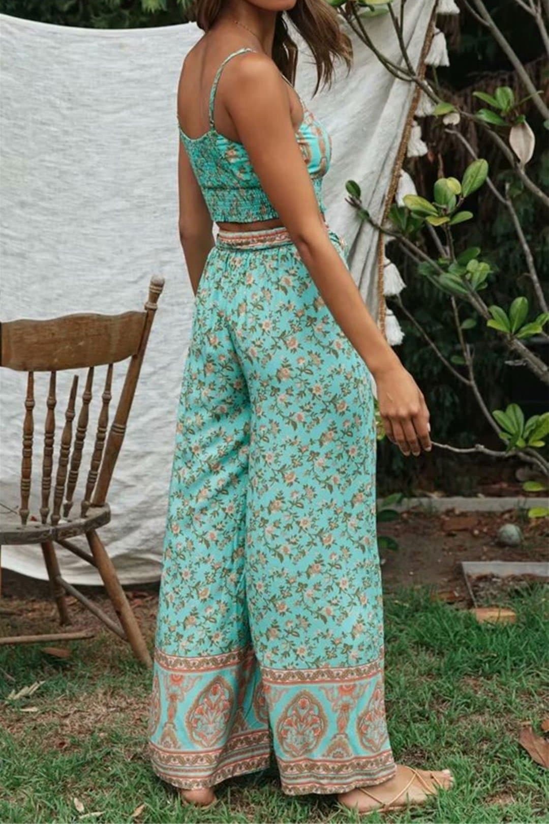 Boho Two Piece Set, Two Piece Pants Set, Wild Floral in Mint Green