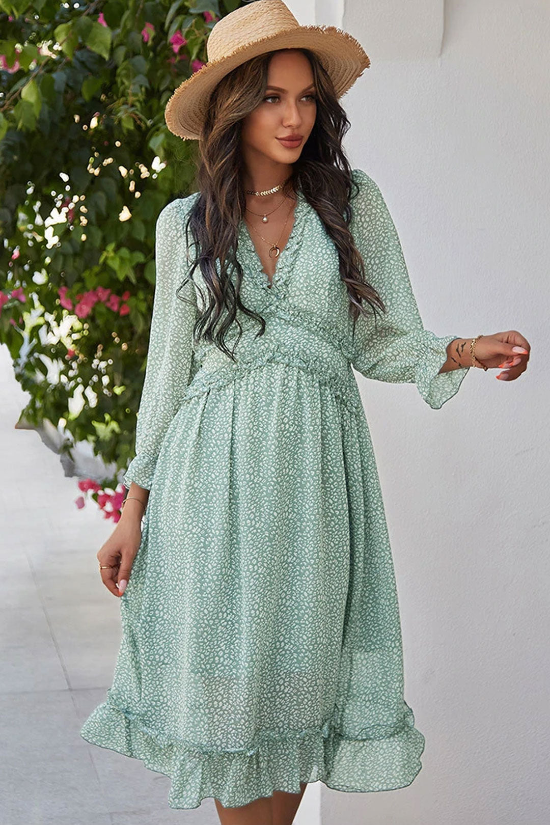 Boho Midi Dress, Ruffle Lillian Mint Green