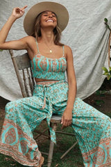 Boho Two Piece Set, Two Piece Pants Set, Wild Floral in Mint Green