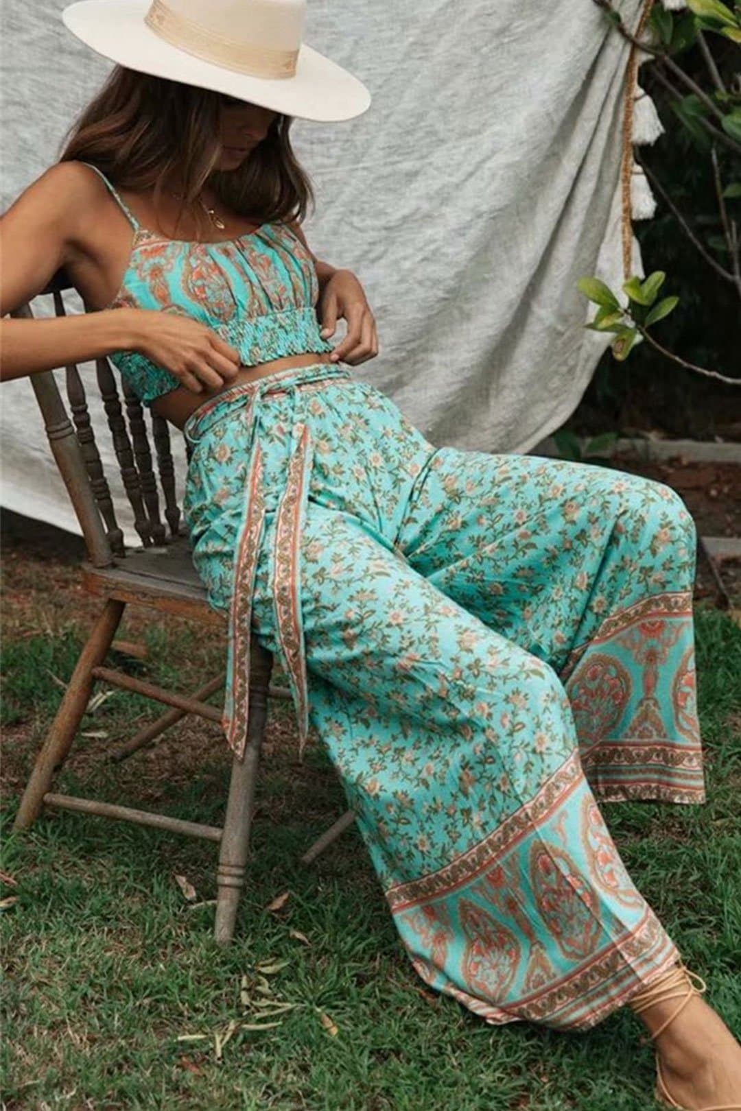 Boho Two Piece Set, Two Piece Pants Set, Wild Floral in Mint Green