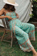 Boho Two Piece Set, Two Piece Pants Set, Wild Floral in Mint Green