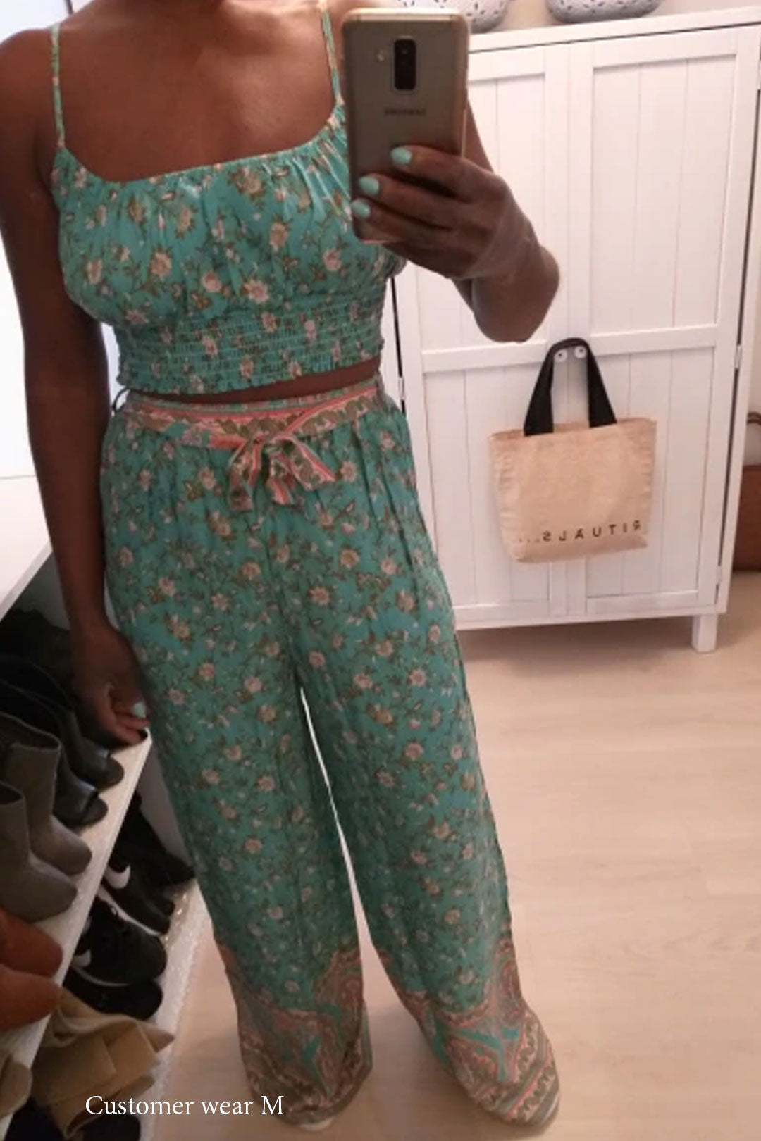 Boho Two Piece Set, Two Piece Pants Set, Wild Floral in Mint Green