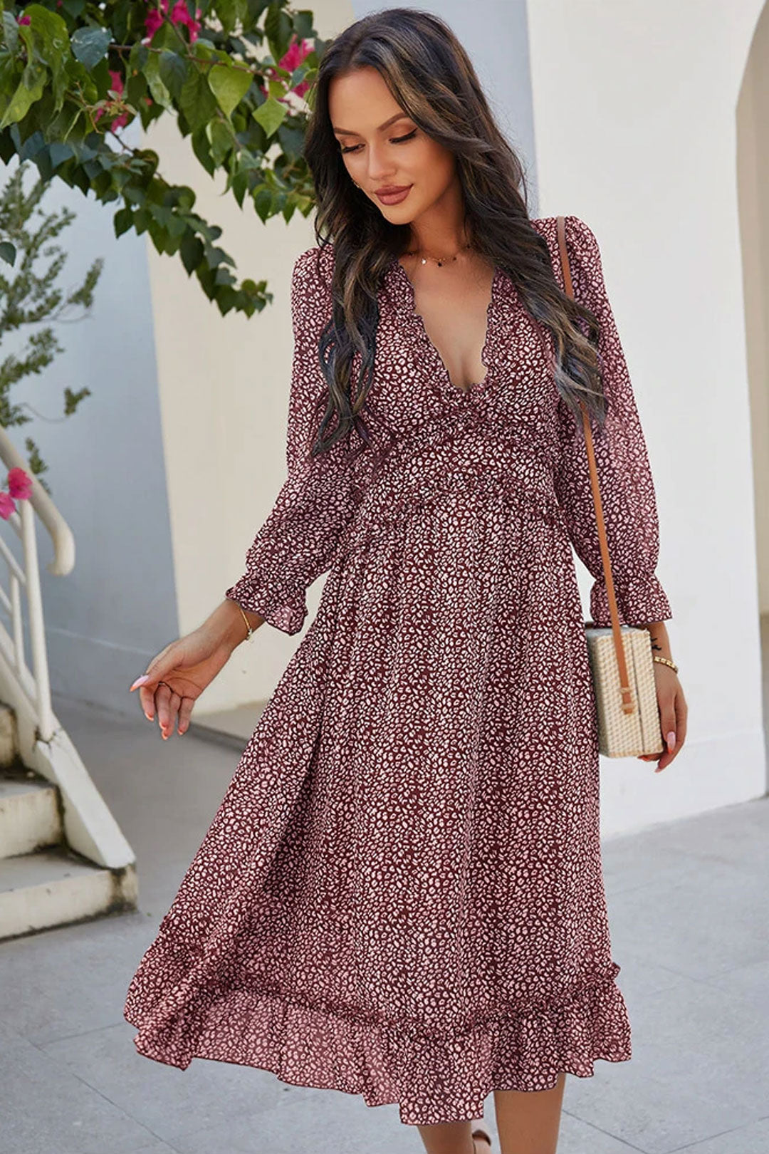 Boho Midi Dress, Ruffle Lillian Red