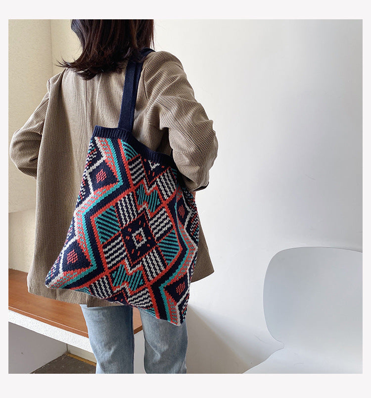 Boho Bag, Tote Bags, Crochet Tote, Knitted Shopper Handbags, Aztec Gypsy in 4 colors