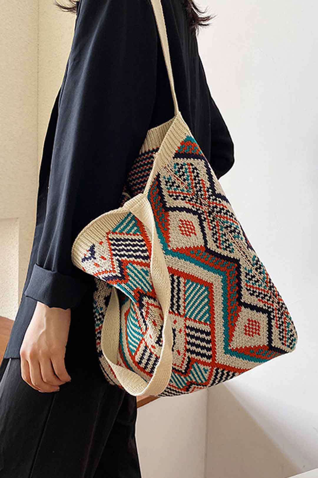 Boho Bag, Tote Bags, Crochet Tote, Knitted Shopper Handbags, Aztec Gypsy in 4 colors