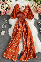 Boho Vintage  Jumpsuit, Boho Romper, Playsuit, Smocked Polka Dot in Orange, Red, Blue and Green