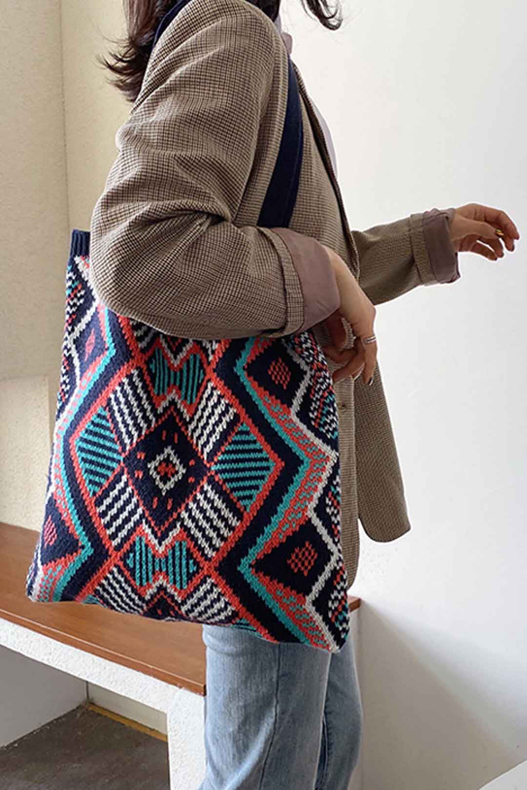 Boho Bag, Tote Bags, Crochet Tote, Knitted Shopper Handbags, Aztec Gypsy in 4 colors