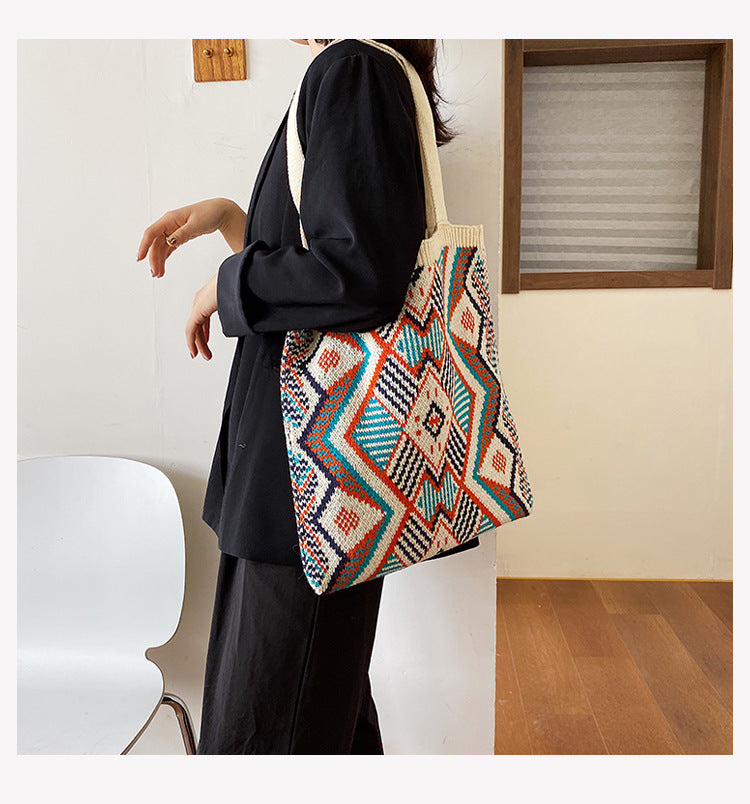 Boho Bag, Tote Bags, Crochet Tote, Knitted Shopper Handbags, Aztec Gypsy in 4 colors