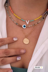 Boho Personalized Custom Necklace, Seed Bead Layered Choker, Evil Eye