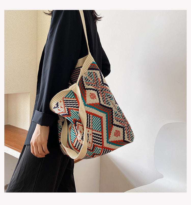 Boho Bag, Tote Bags, Crochet Tote, Knitted Shopper Handbags, Aztec Gypsy in 4 colors
