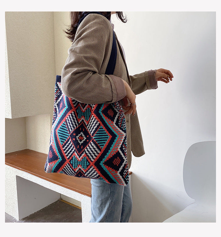 Boho Bag, Tote Bags, Crochet Tote, Knitted Shopper Handbags, Aztec Gypsy in 4 colors