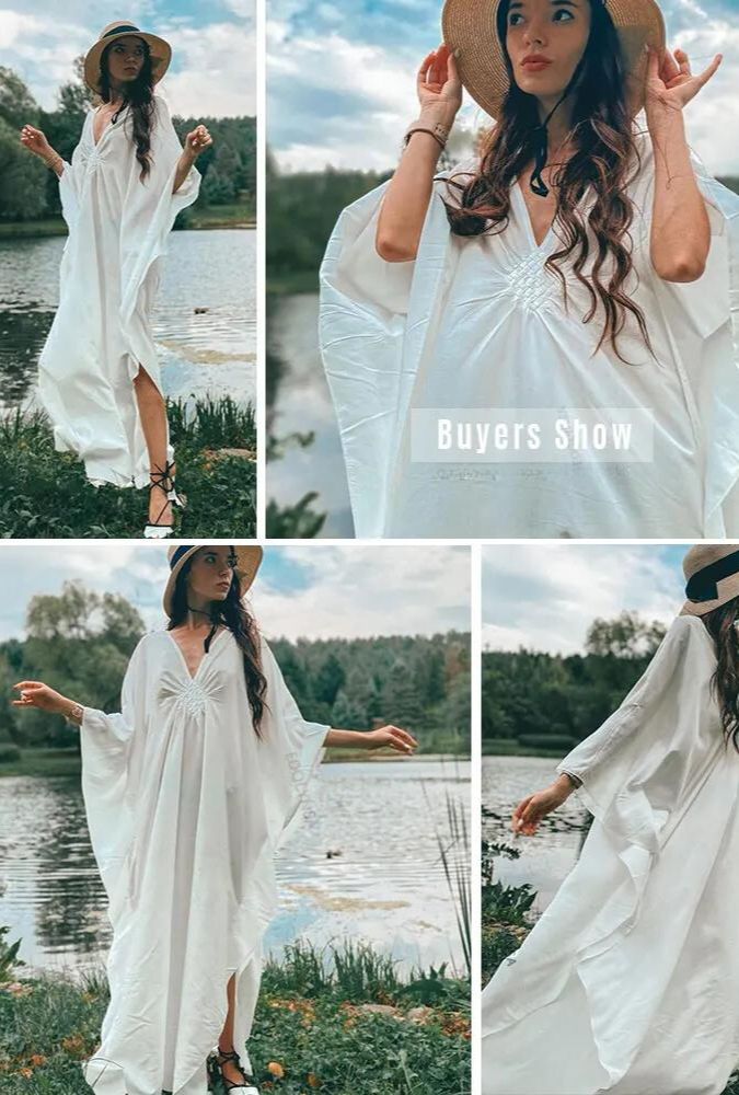 Boho Maxi Dress - Beach Dress, Kaftan Dress Tie White Harmony in 15 colors