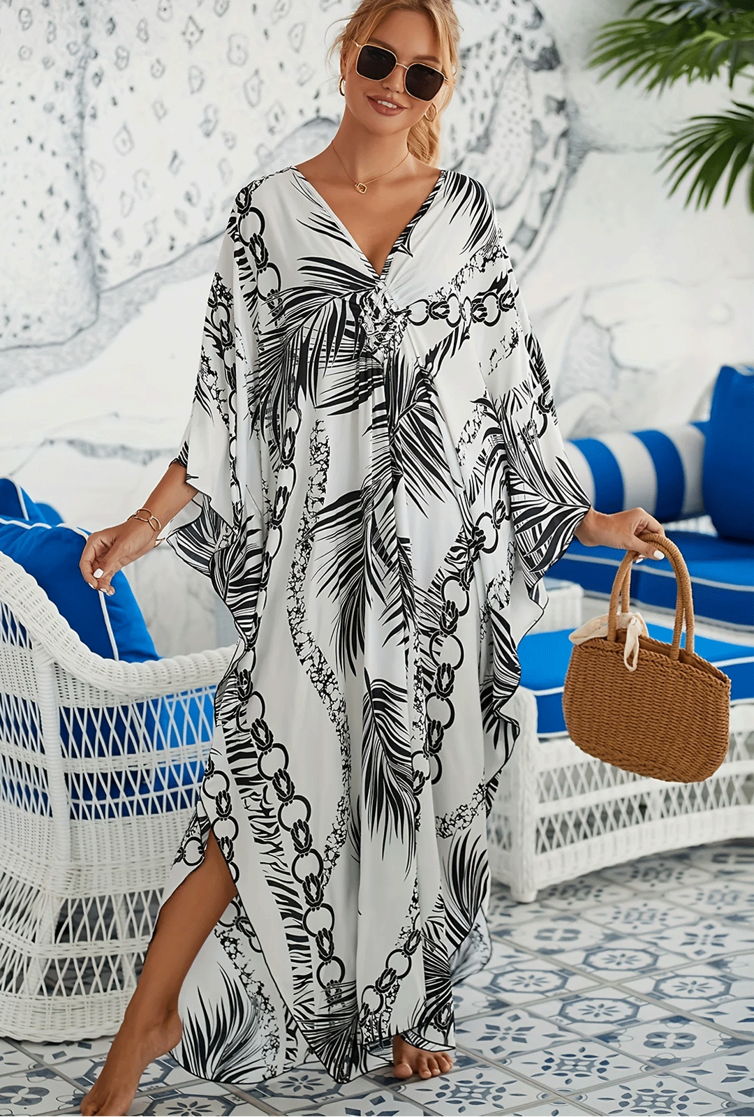 Boho Maxi Dress - Beach Dress, Kaftan Dress Akari Black Coconut Leaf