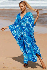 Boho Maxi Dress - Beach Dress, Kaftan Dress Akari Blue Tie Dye Coconut