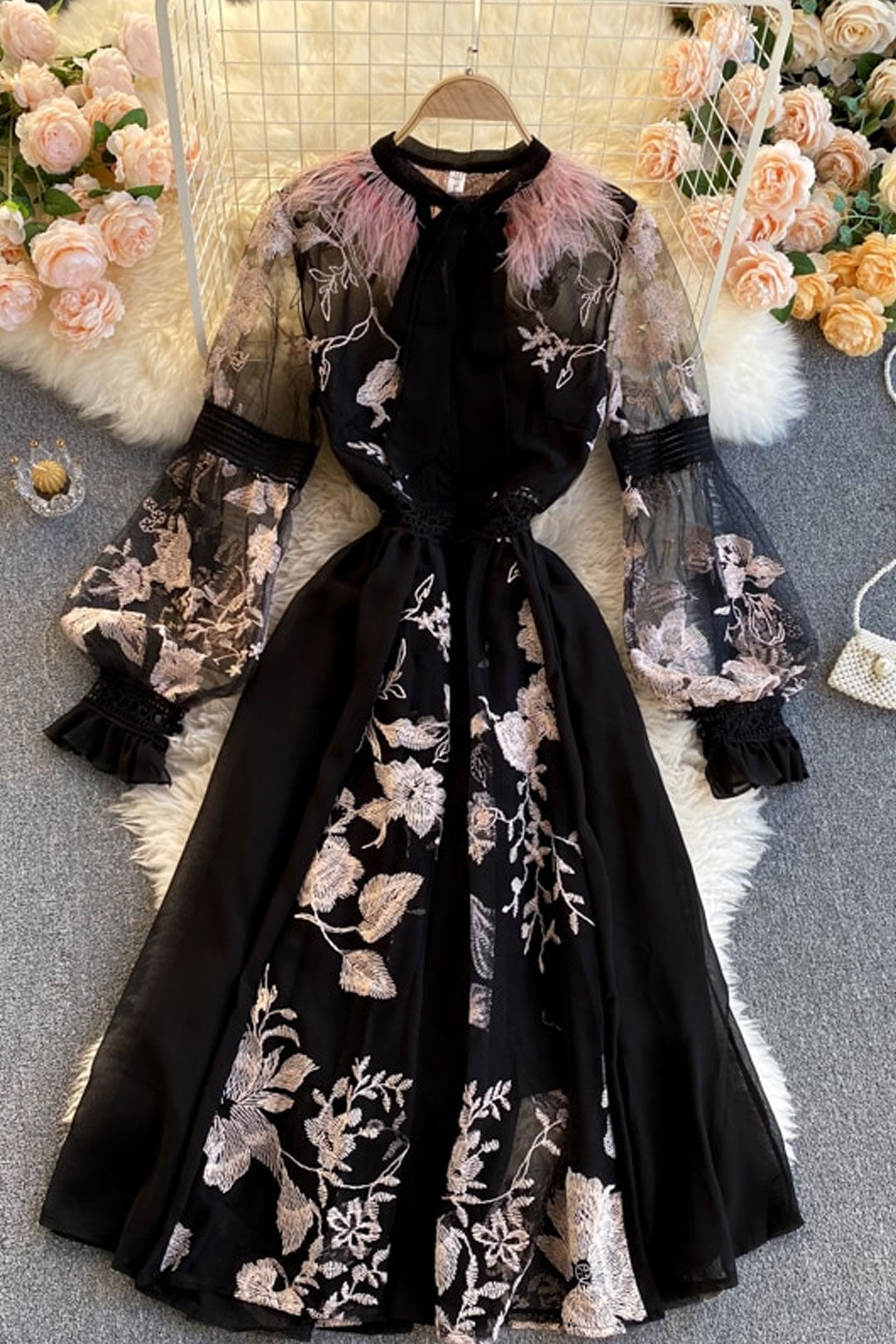 Vintage Dress, Boho Midi Dress, Party Dress, Embroidered Dress,  Gown, Magnolia Feather in Black