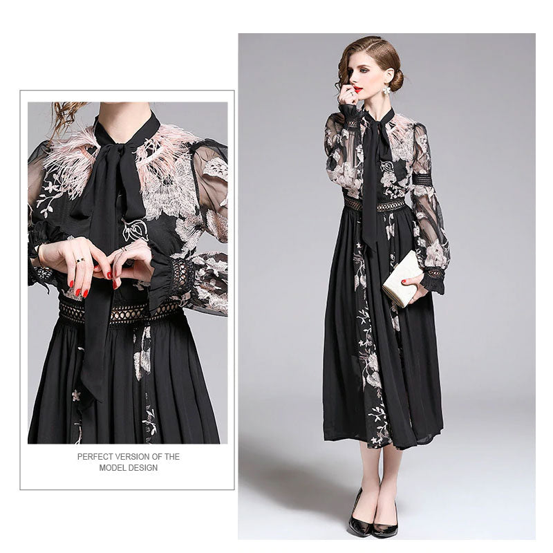 Vintage Dress, Boho Midi Dress, Party Dress, Embroidered Dress,  Gown, Magnolia Feather in Black
