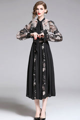 Vintage Dress, Boho Midi Dress, Party Dress, Embroidered Dress,  Gown, Magnolia Feather in Black