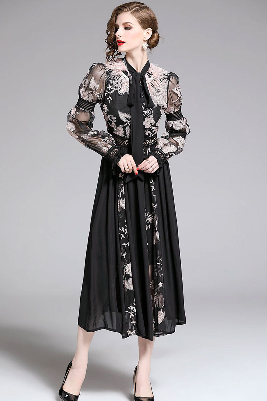 Vintage Dress, Boho Midi Dress, Party Dress, Embroidered Dress,  Gown, Magnolia Feather in Black