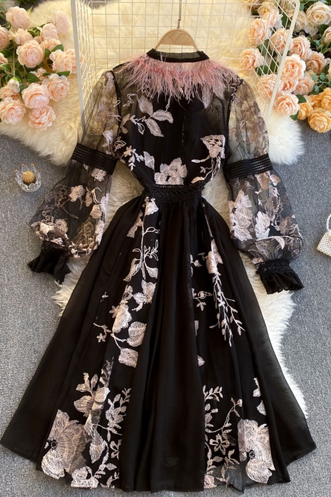 Vintage Dress, Boho Midi Dress, Party Dress, Embroidered Dress,  Gown, Magnolia Feather in Black