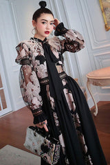 Vintage Dress, Boho Midi Dress, Party Dress, Embroidered Dress,  Gown, Magnolia Feather in Black