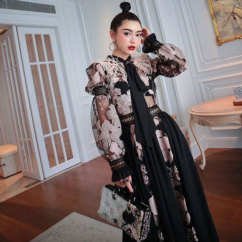 Vintage Dress, Boho Midi Dress, Party Dress, Embroidered Dress,  Gown, Magnolia Feather in Black