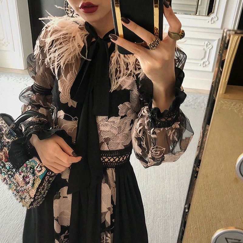 Vintage Dress, Boho Midi Dress, Party Dress, Embroidered Dress,  Gown, Magnolia Feather in Black